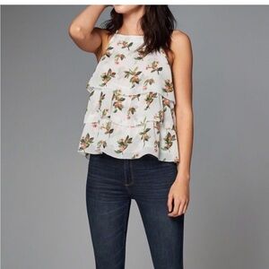 Abercrombie flowers floral multicolor top ruffles white and green tank